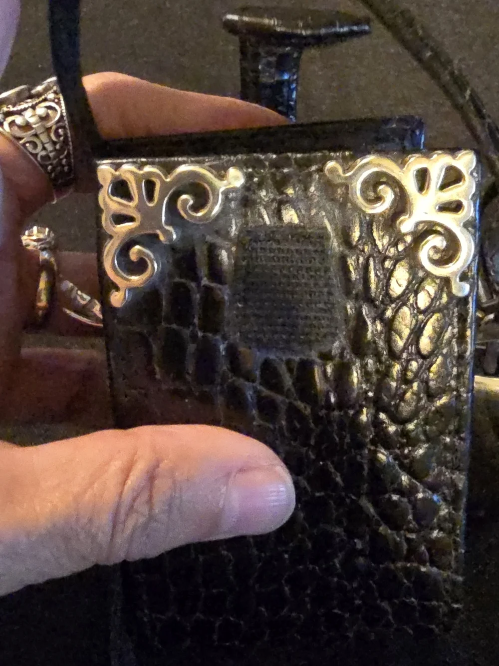Brighton Black Croc-Embossed Leather Phone Crossbody with Silver Accents